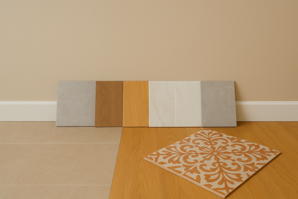 Varios tipos de suelo —porcelánico, laminado, vinílico, mármol y baldosa hidráulica— colocados sobre un pavimento en una estancia, mostrando diferentes acabados y texturas disponibles en INAP Materiales de Construcción en Granada.