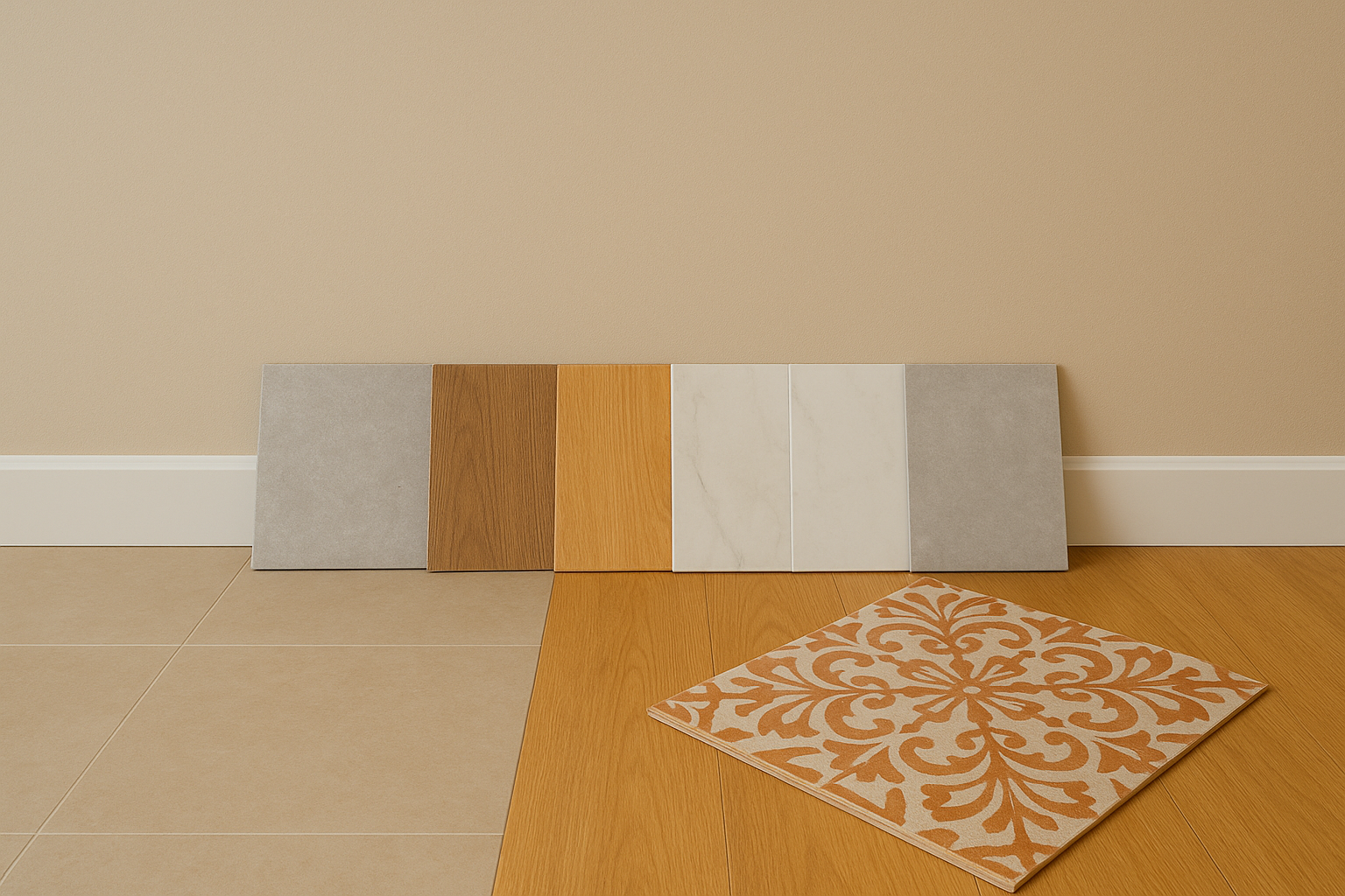 Varios tipos de suelo —porcelánico, laminado, vinílico, mármol y baldosa hidráulica— colocados sobre un pavimento en una estancia, mostrando diferentes acabados y texturas disponibles en INAP Materiales de Construcción en Granada.