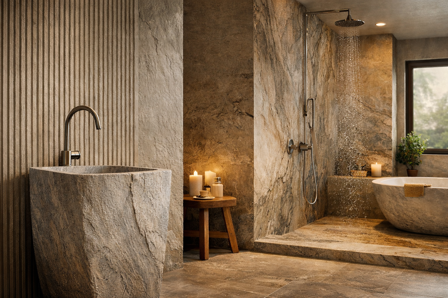 Baño moderno con materiales naturales: lavabo de piedra monolítica, ducha de efecto lluvia y bañera de piedra, con paredes y suelo en tonos cálidos y texturizados que crean un ambiente elegante y sensorial.